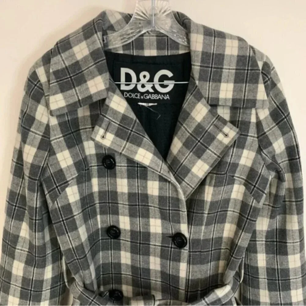 Dolce & Gabbana Vintage Wool Grey Check Plaid Belted Coat 8 - Picture 2 of 16